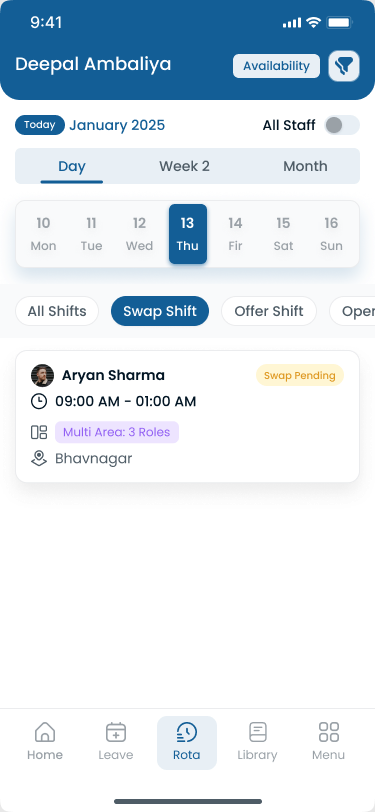 Manager-approved shift swap on the published senior living roster